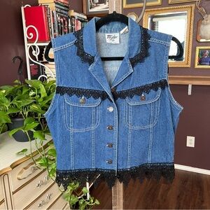 Vintage Denim Vest Lace Fringe Large